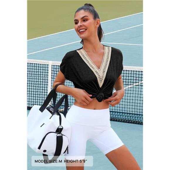 Women's Casual Cap Sleeve Lace Trim V Neck Tops 2025 Summer Loose Tee - Picture 4 of 7